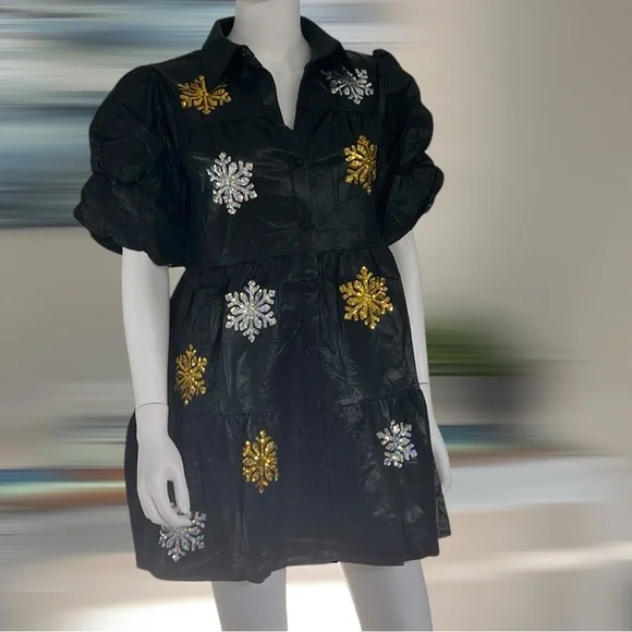 PEACH LOVE CALIFORNIA pleather black sequin snowflake holiday mini dress S M L - Picture 7 of 13